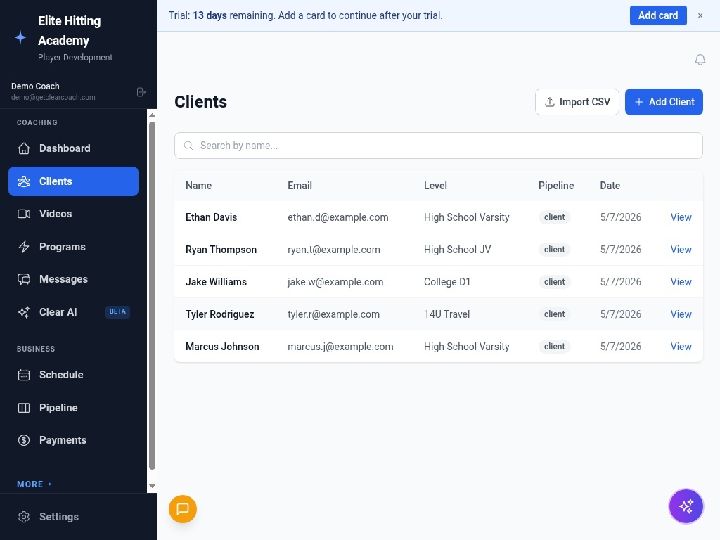 Client list view in ClearCoach
