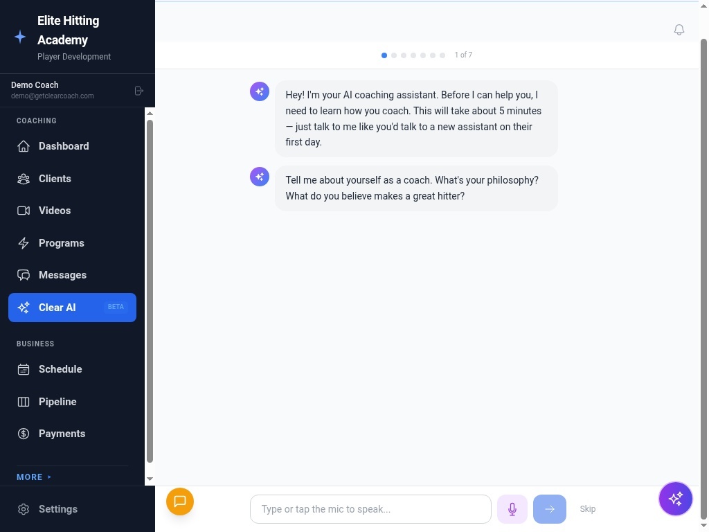 Clear AI assistant being trained on a coach's philosophy and methodology