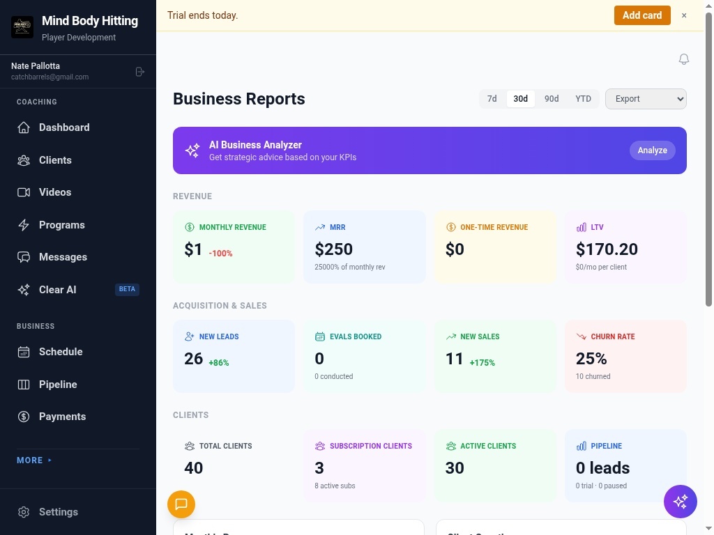 ClearCoach business reports dashboard with revenue, retention, and client metrics