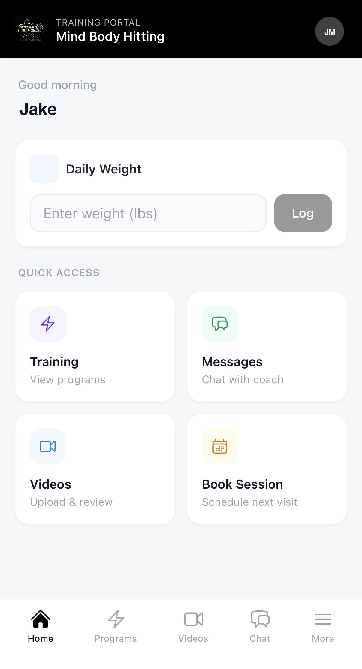 ClearCoach client app: training portal with daily weight, schedule, messages, videos, programs, and resources